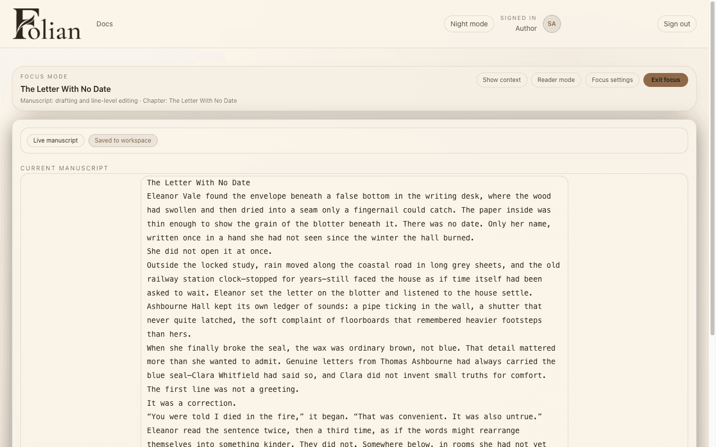 Folian writing software showing The Ashbourne Letters manuscript in a paper themed writing workspace.