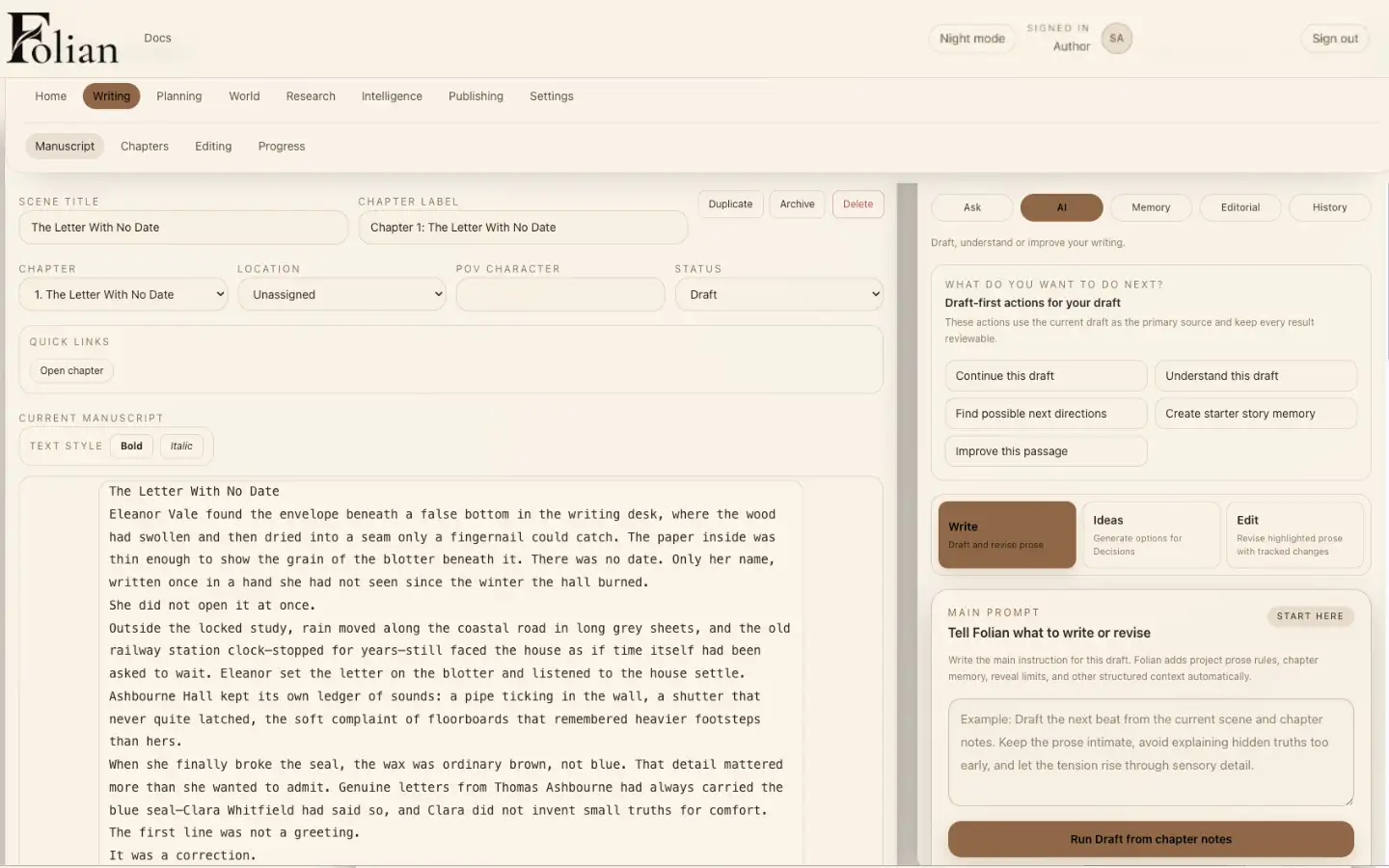 Folian manuscript workspace showing chapter structure and prose from The Ashbourne Letters.